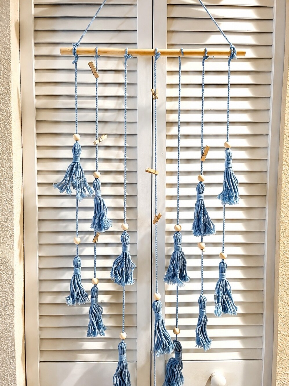 Bohemian Blue Cotton Yarn Tassel Garland Wall Art Wooden Beads LED Light Sz 43" - Picture 5 of 10